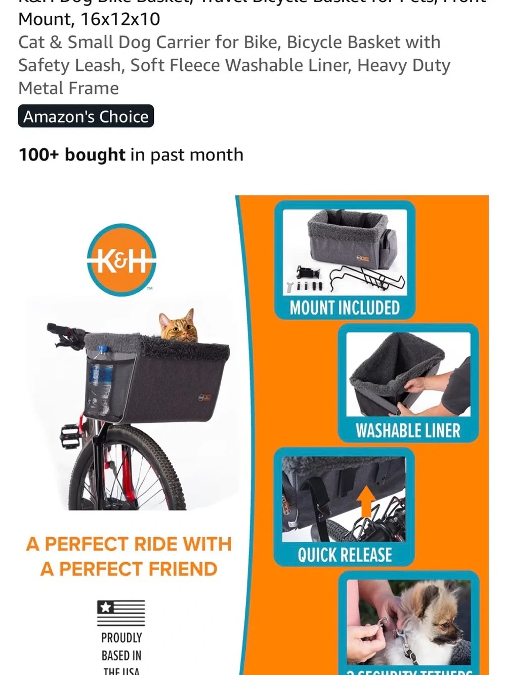 K&H Dog Bike Basket, Travel Bicycle Basket for Pets